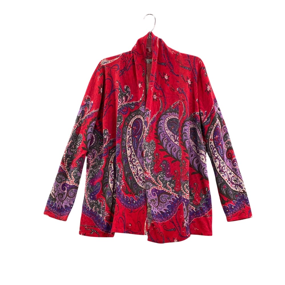 Neiman Marcus Cardigan Women XL Red Paisley 100% Cashmere Open Wrap Sweater